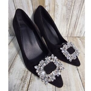 Black Pointed Toe Pumps Crystal Buckle Stiletto Heels Evening Shoes Size 36
